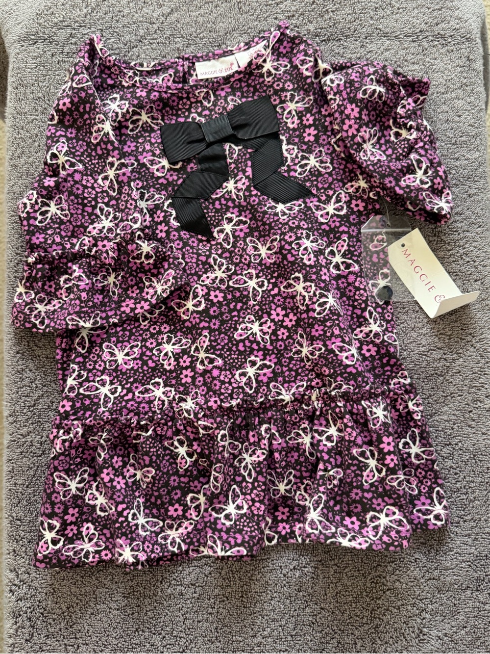 Maggie & Zoe Pink Butterfly Print Ruffle Dress with Black Bow